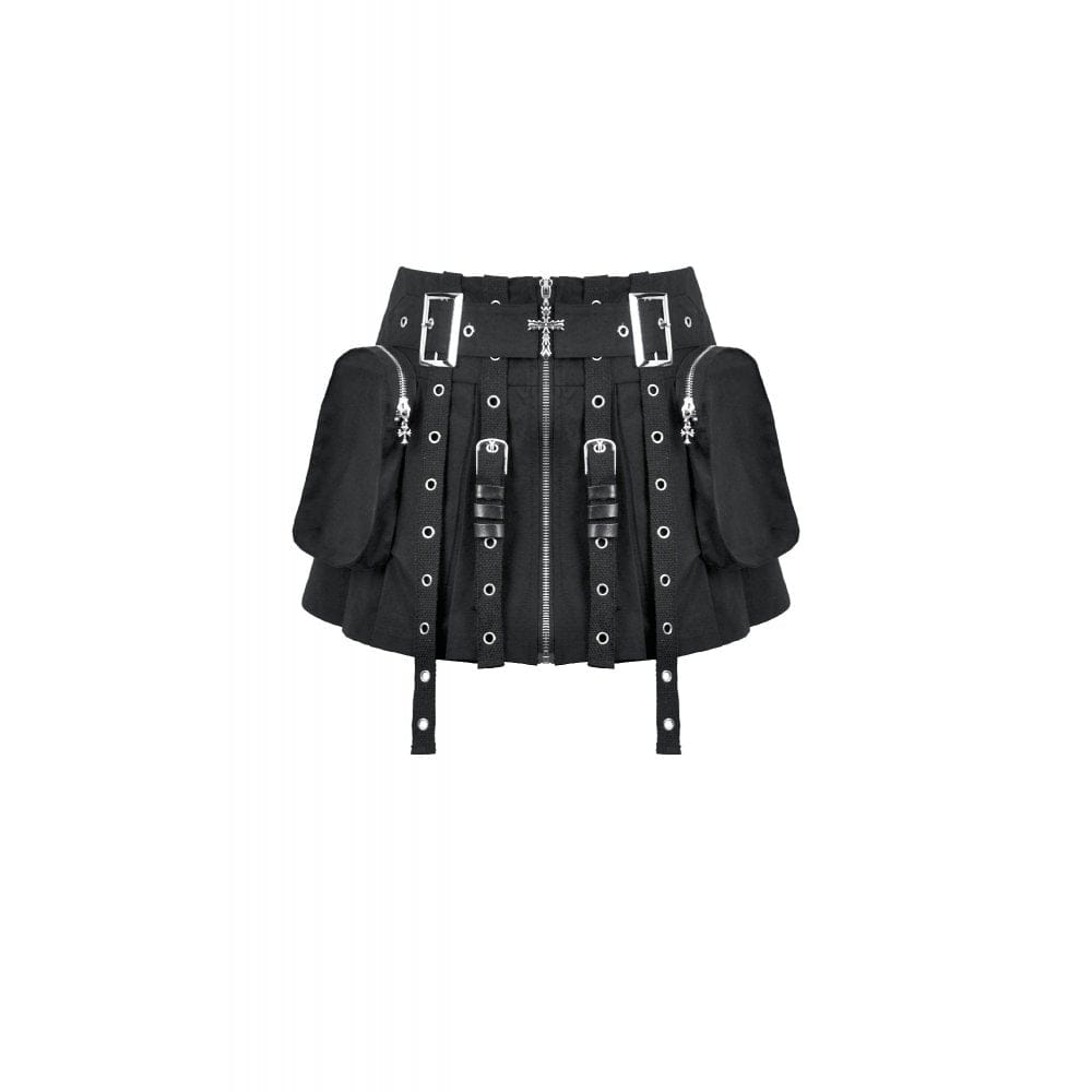 Darkinlove Women's Punk Eyelet Strappy Big Pocket Pleated Skirt