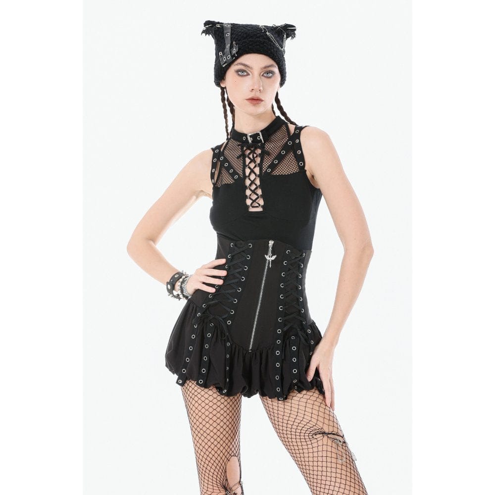 Darkinlove Women's Punk Eyelet Zip Balloon Shorts