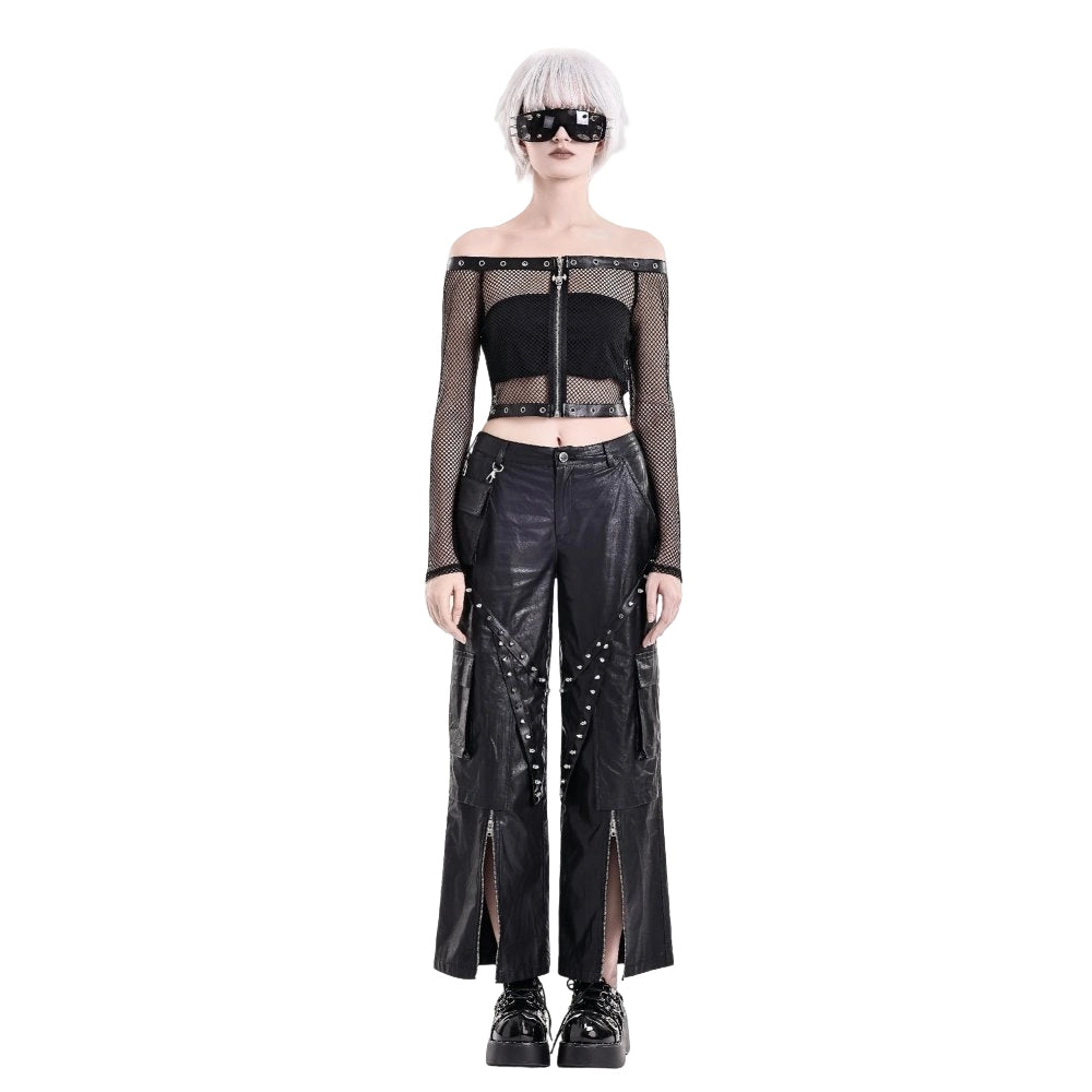 Darkinlove Women's Punk Eyelet Zipper Off-Shoulder Fishnet Top
