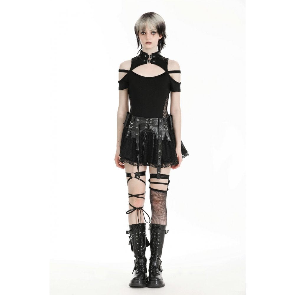 Darkinlove Women's Punk Faux Leather Splice Lace Skirt