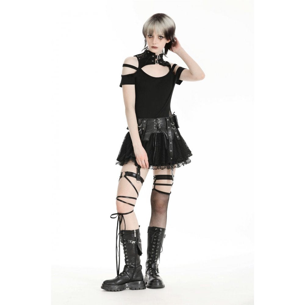 Darkinlove Women's Punk Faux Leather Splice Lace Skirt