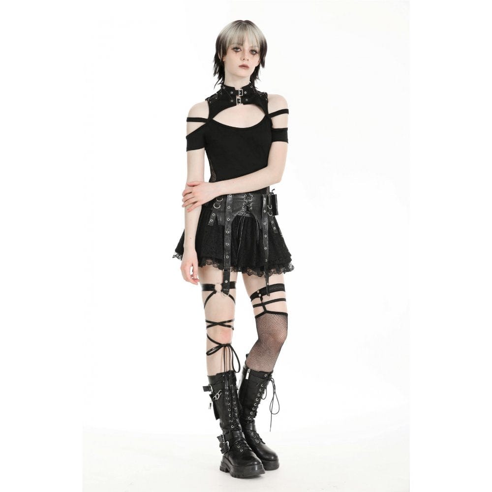 Darkinlove Women's Punk Faux Leather Splice Lace Skirt