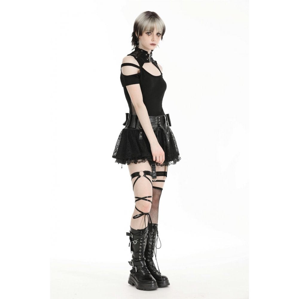 Darkinlove Women's Punk Faux Leather Splice Lace Skirt