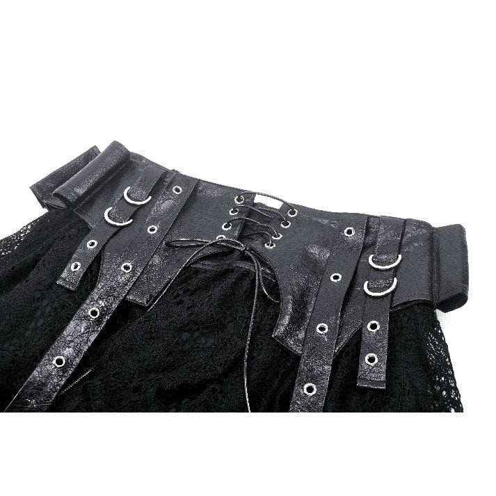 Darkinlove Women's Punk Faux Leather Splice Lace Skirt