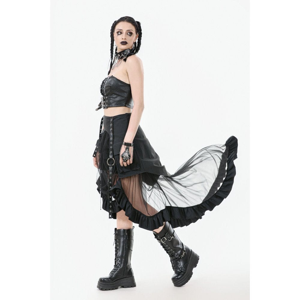 Darkinlove Women's Punk Faux Leather Straps Multilayered High/low Mesh Skirt