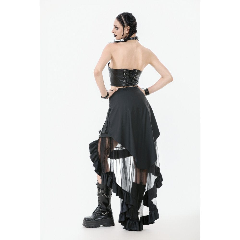 Darkinlove Women's Punk Faux Leather Straps Multilayered High/low Mesh Skirt