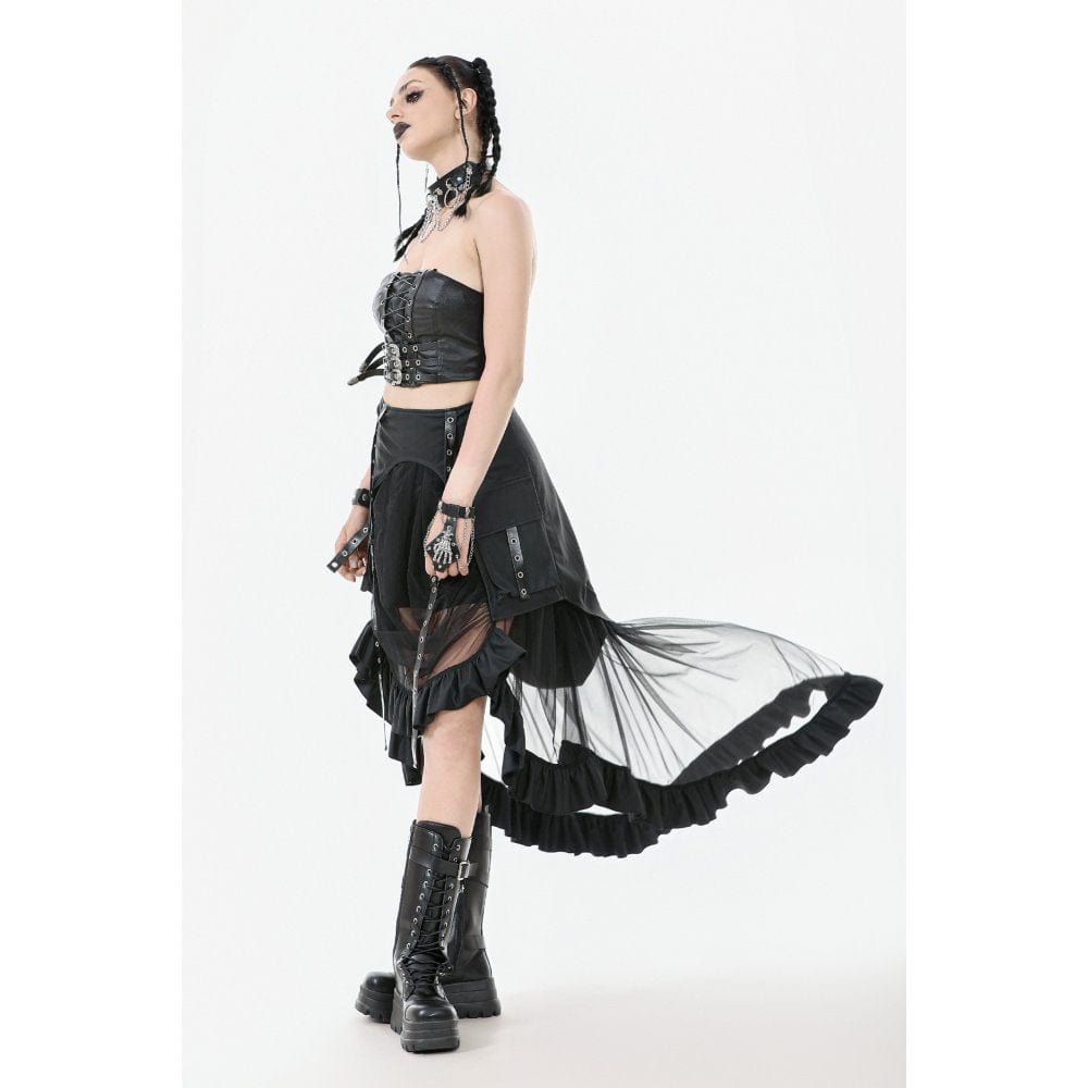 Darkinlove Women's Punk Faux Leather Straps Multilayered High/low Mesh Skirt