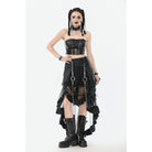 Darkinlove Women's Punk Faux Leather Straps Multilayered High/low Mesh Skirt