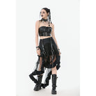 Darkinlove Women's Punk Faux Leather Straps Multilayered High/low Mesh Skirt
