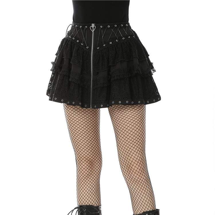 Darkinlove Women's Punk Front Zip Multi-layer Lace Mini Skirts