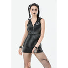 Darkinlove Women's Punk Front Zip Striped Dress with Hood