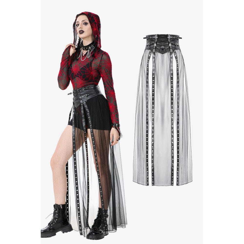 Darkinlove Women's Punk High-waisted Faux Leather Straps Sheer Mesh Maxi Skirt