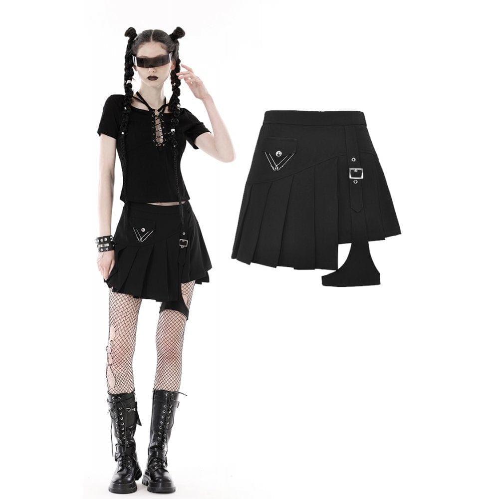 Darkinlove Women's Punk Irregular Buckle Pleated Skirt