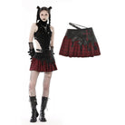 Darkinlove Women's Punk Irregular Faux Leather Splice Plaid Skirt
