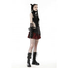 Darkinlove Women's Punk Irregular Faux Leather Splice Plaid Skirt