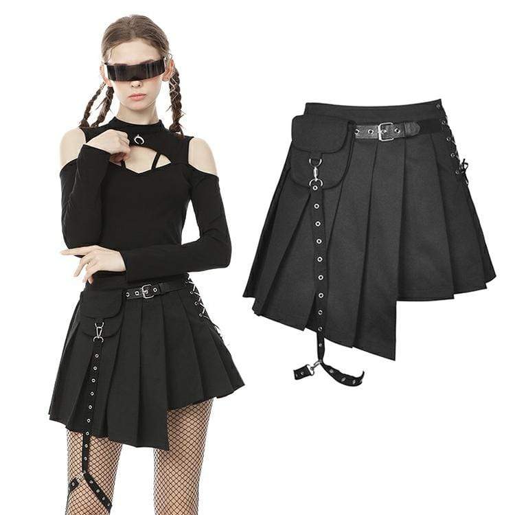 Darkinlove Women's Punk Irregular Hem Pleated Skirts with Waist Bag