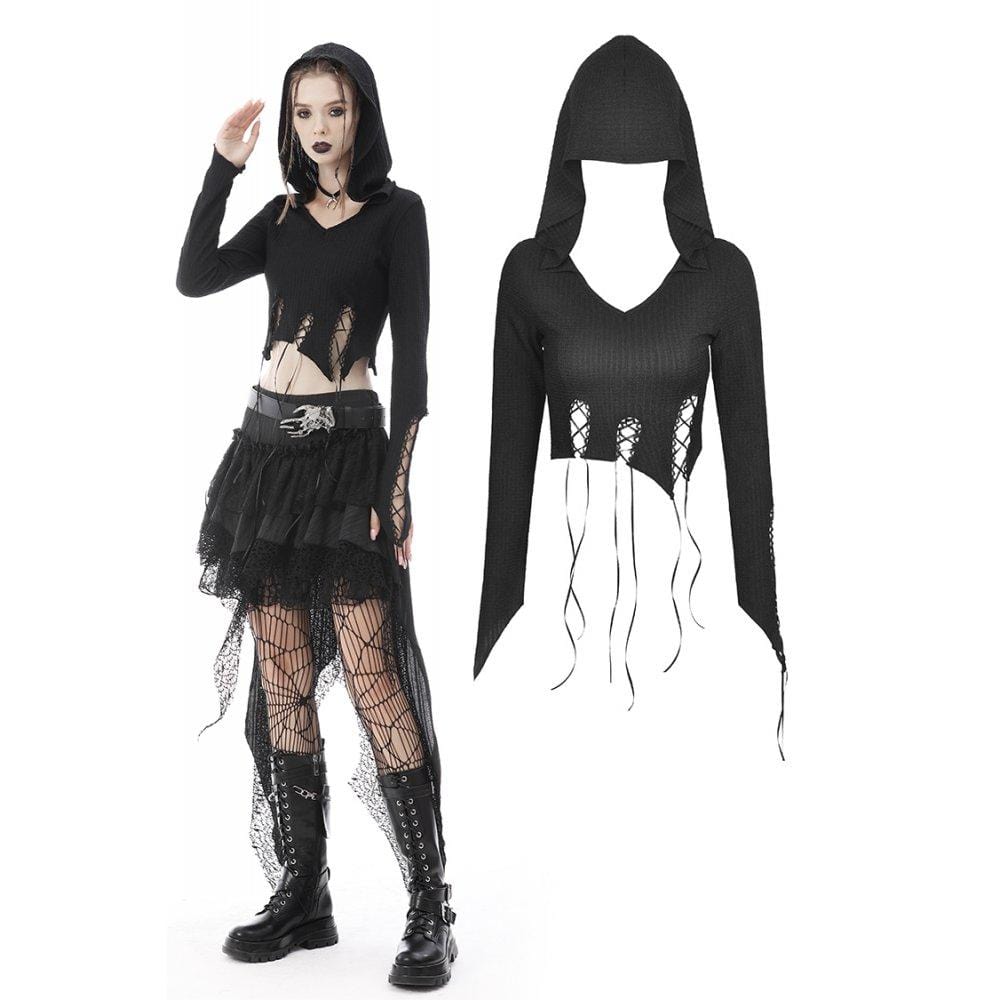 Darkinlove Women's Punk Irregular Strappy Crop Top with Hood