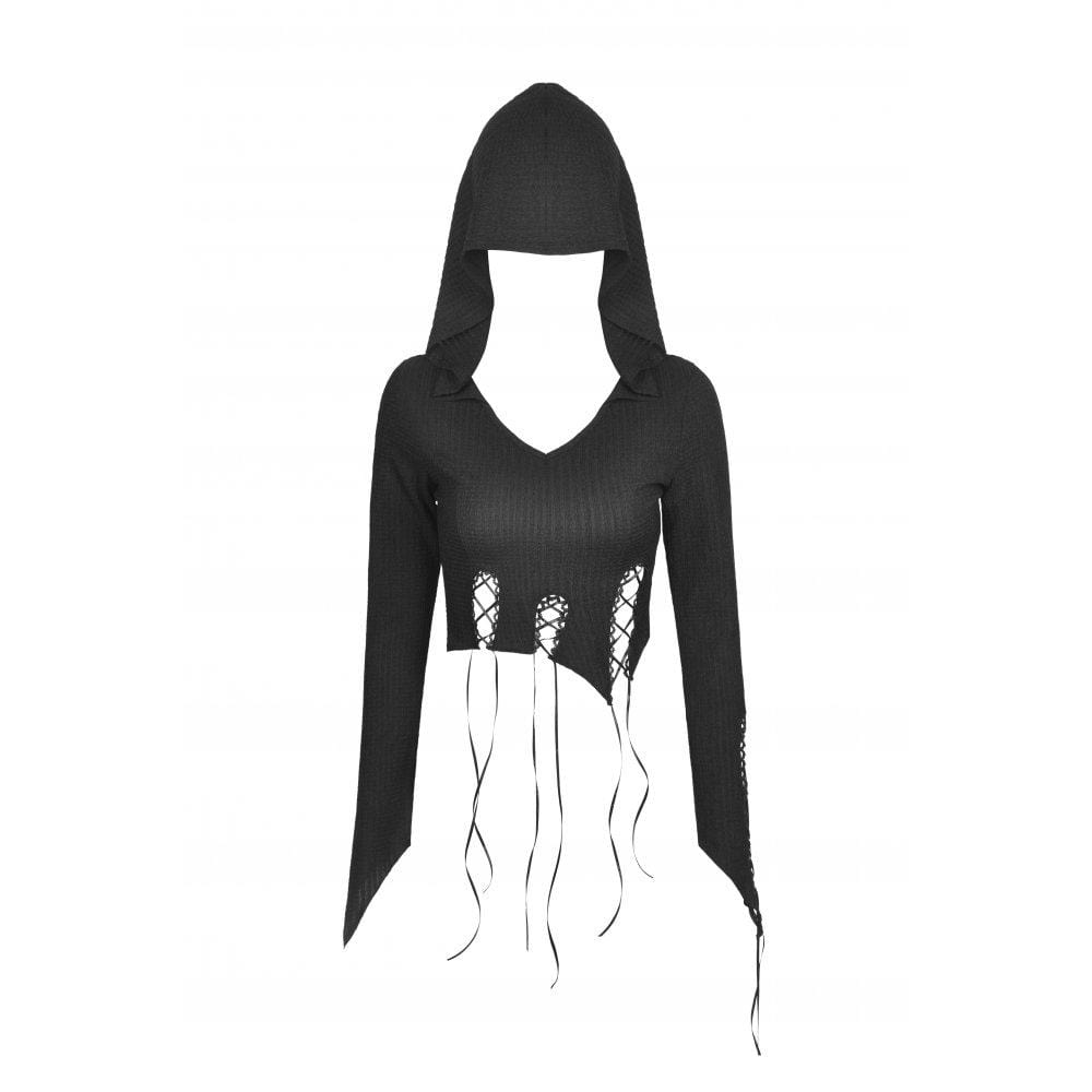 Darkinlove Women's Punk Irregular Strappy Crop Top with Hood