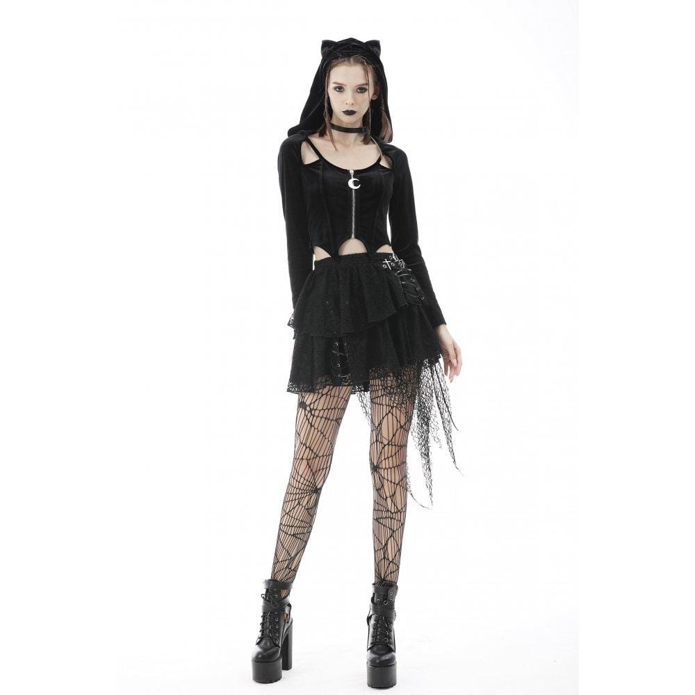 Darkinlove Women's Punk Irregular Zipper Crop Top with Cat's Ears Hood