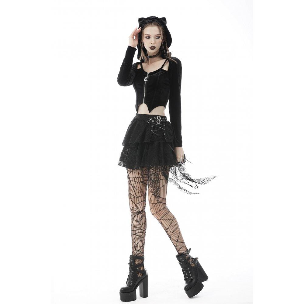 Darkinlove Women's Punk Irregular Zipper Crop Top with Cat's Ears Hood