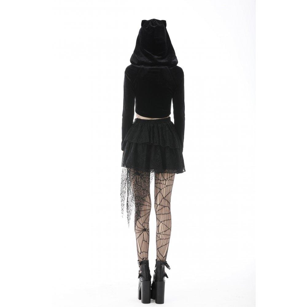 Darkinlove Women's Punk Irregular Zipper Crop Top with Cat's Ears Hood