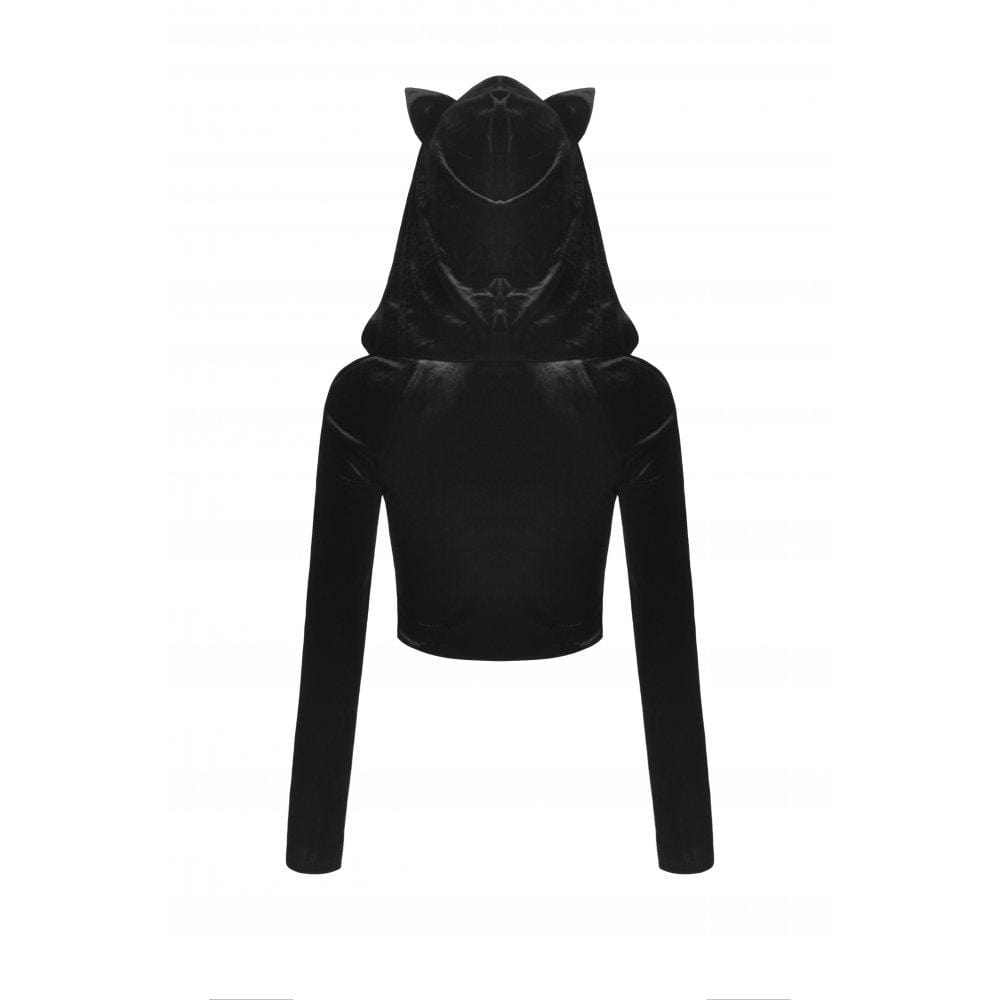 Darkinlove Women's Punk Irregular Zipper Crop Top with Cat's Ears Hood