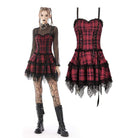 Darkinlove Women's Punk Lace Hem Plaid Layered Slip Dress