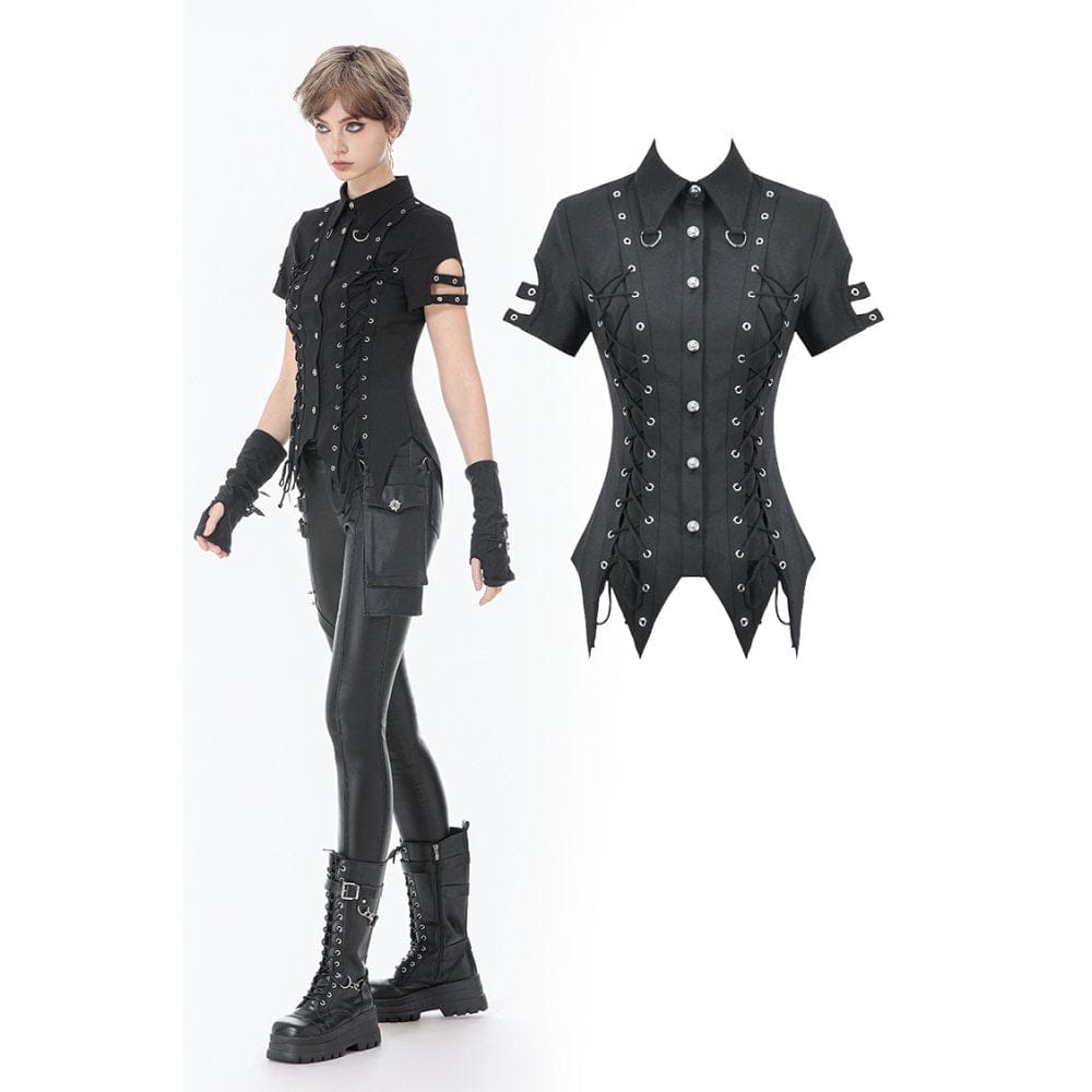 Darkinlove Women's Punk Lace-up Eyelets Turn-down Collar Shirt