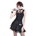 Darkinlove Women's Punk Lace-up Floral Lace Patchwork Evil Eye Tentacle Applique Mini Skirt