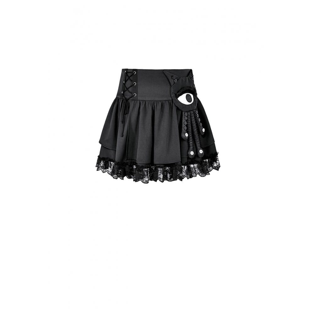 Darkinlove Women's Punk Lace-up Floral Lace Patchwork Evil Eye Tentacle Applique Mini Skirt