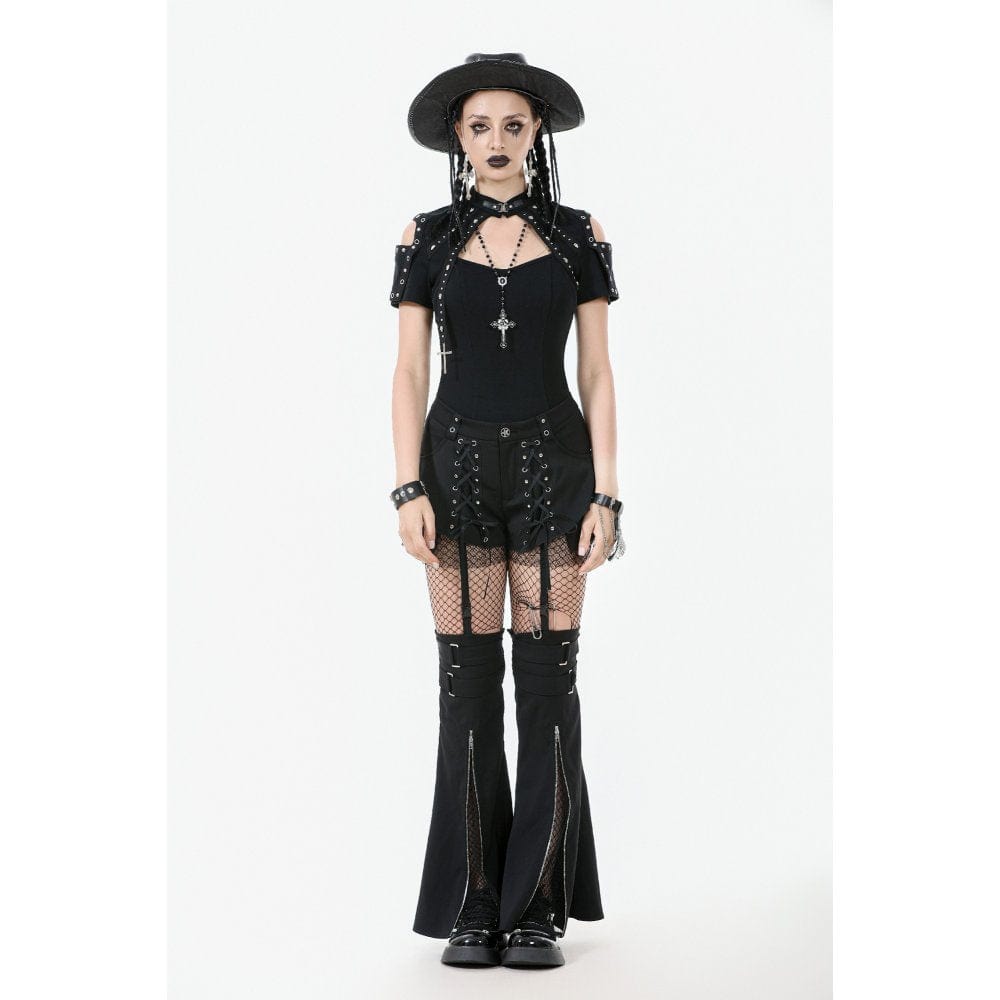 Darkinlove Women's Punk Lacing-up Shorts with Removable Zipper Leg Warmers