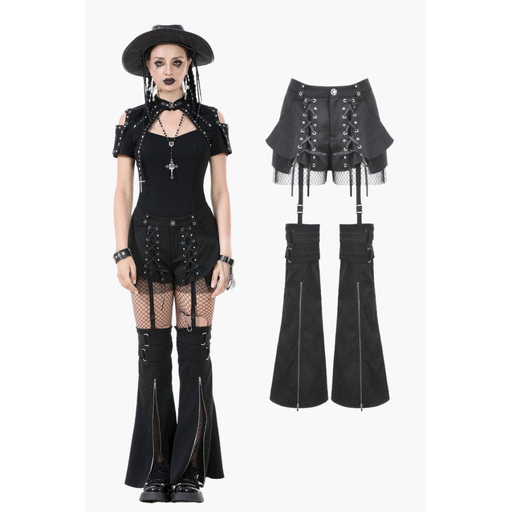 Darkinlove Women's Punk Lacing-up Shorts with Removable Zipper Leg Warmers