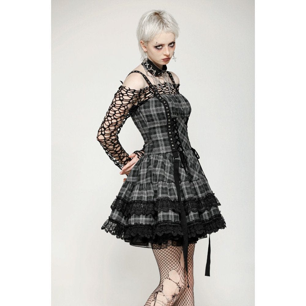 Darkinlove Women's Punk Layered Lace Hem Plaid Party Slip Dress