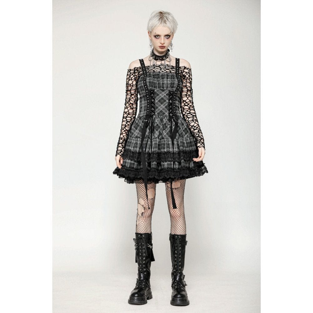 Darkinlove Women's Punk Layered Lace Hem Plaid Party Slip Dress