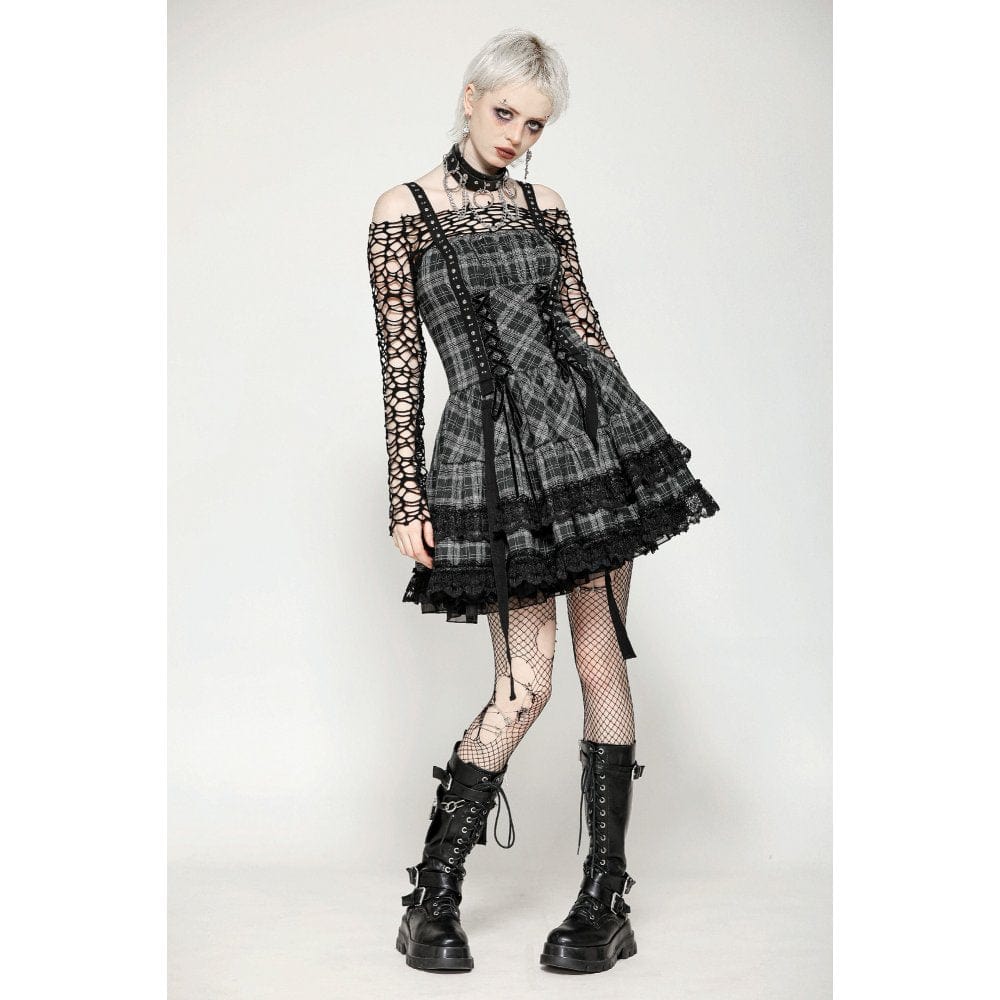 Darkinlove Women's Punk Layered Lace Hem Plaid Party Slip Dress