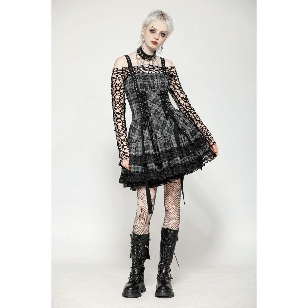 Darkinlove Women's Punk Layered Lace Hem Plaid Party Slip Dress