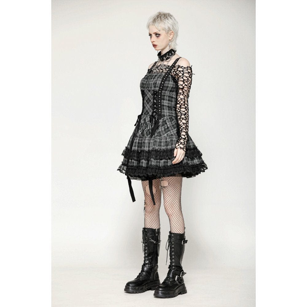 Darkinlove Women's Punk Layered Lace Hem Plaid Party Slip Dress