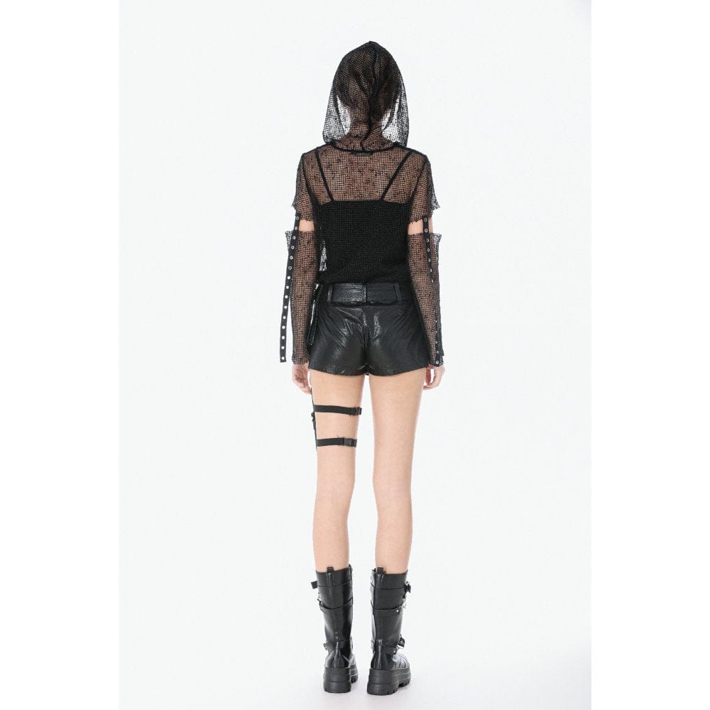 Darkinlove Women's Punk Mesh Hollow-Out Hooded Top