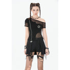 Darkinlove Women's Punk Mesh Pleated Shorts with Leg Harness