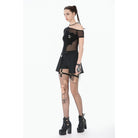 Darkinlove Women's Punk Mesh Pleated Shorts with Leg Harness