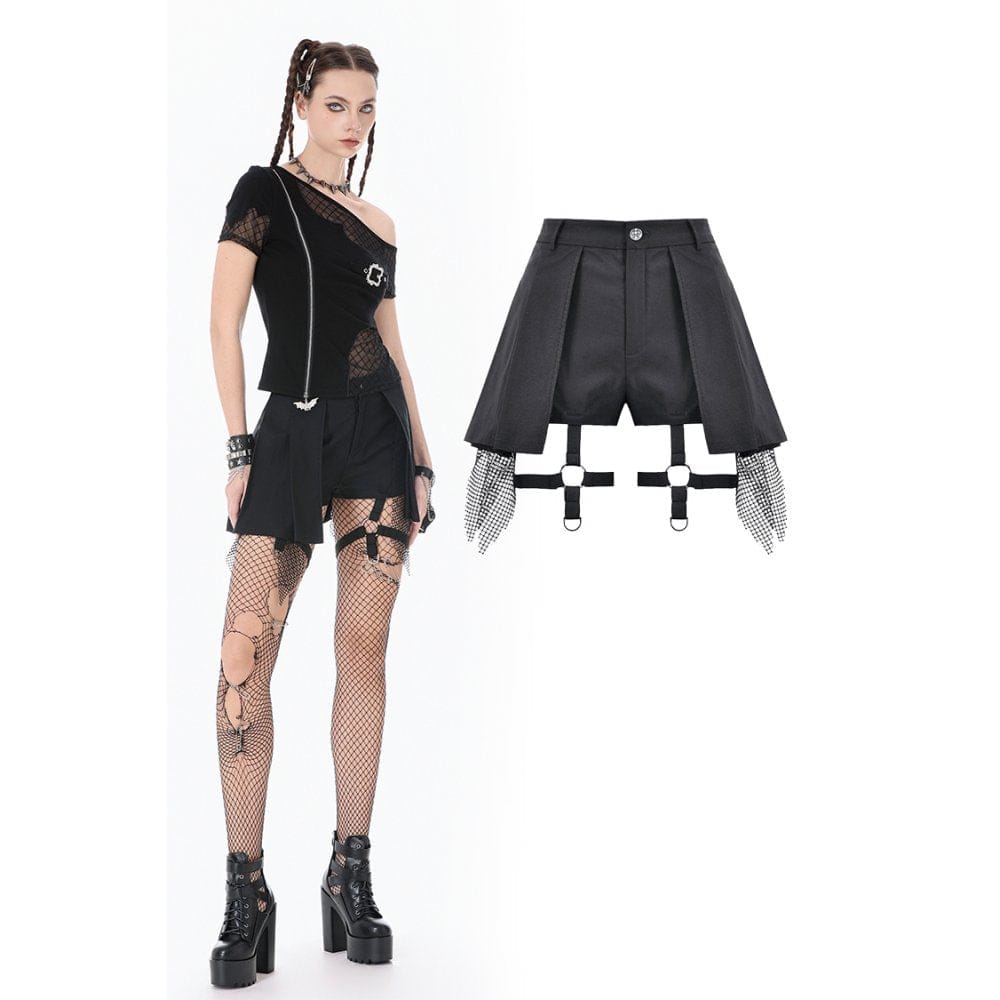 Darkinlove Women's Punk Mesh Pleated Shorts with Leg Harness