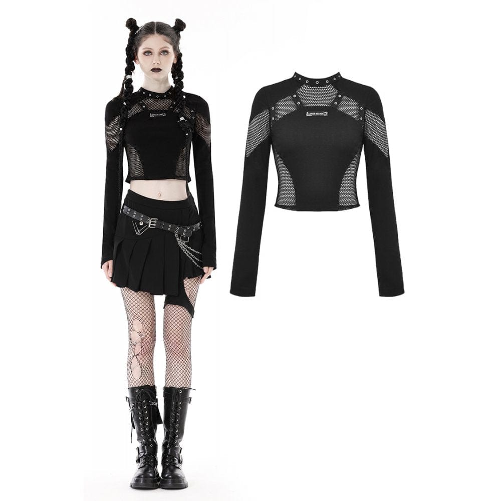 Darkinlove Women's Punk Mesh Splice Eyelet Crop Top