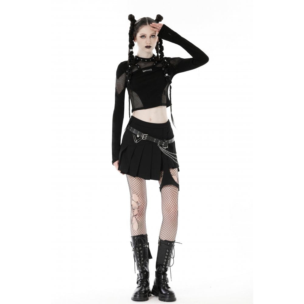 Darkinlove Women's Punk Mesh Splice Eyelet Crop Top