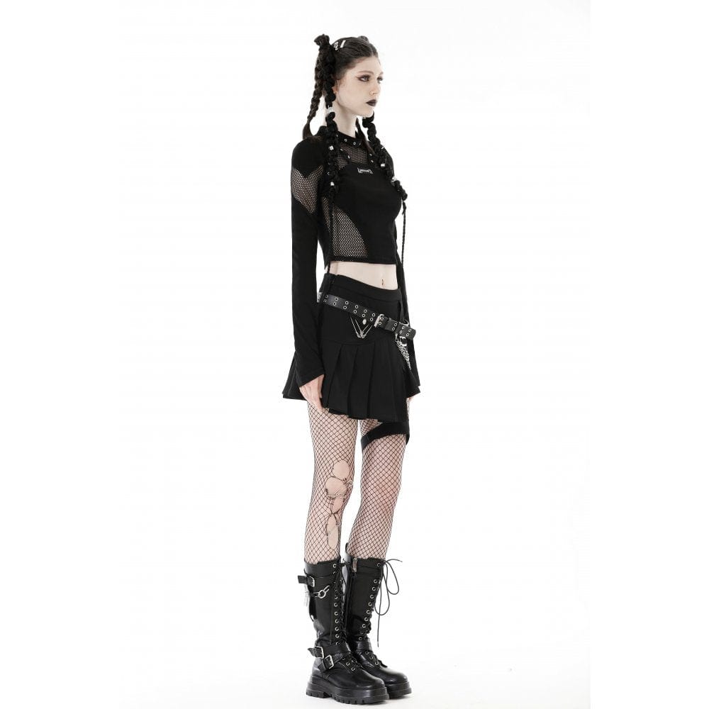 Darkinlove Women's Punk Mesh Splice Eyelet Crop Top