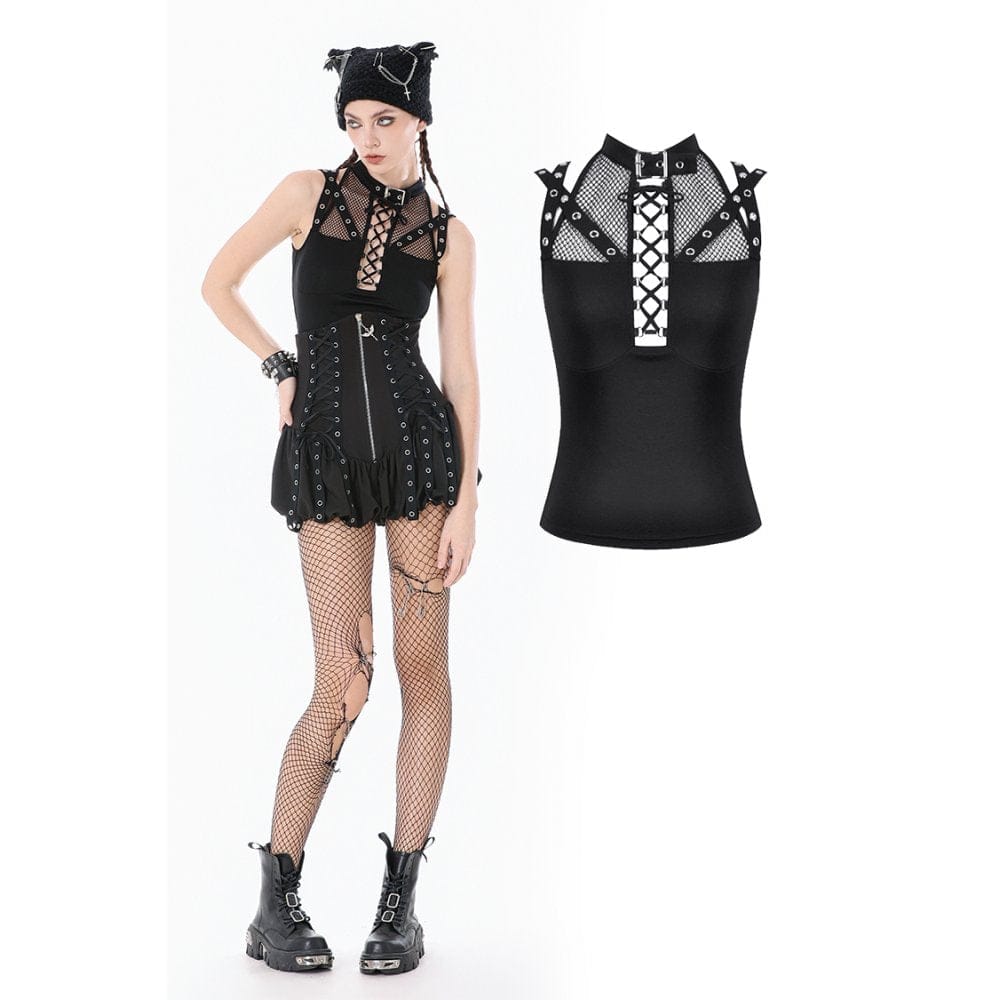 Darkinlove Women's Punk Mesh Splice Eyelet Strap Cutout Tank Top