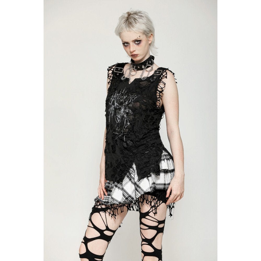 Darkinlove Women's Punk Mesh Splice Plaid Pleated Skirt