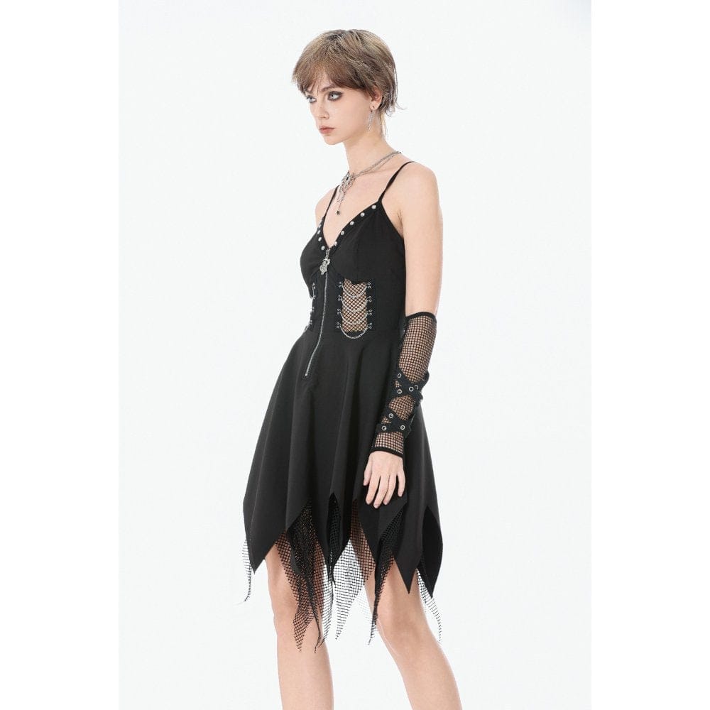 Darkinlove Women's Punk Mesh Splice Rivet Chained Slip Dress