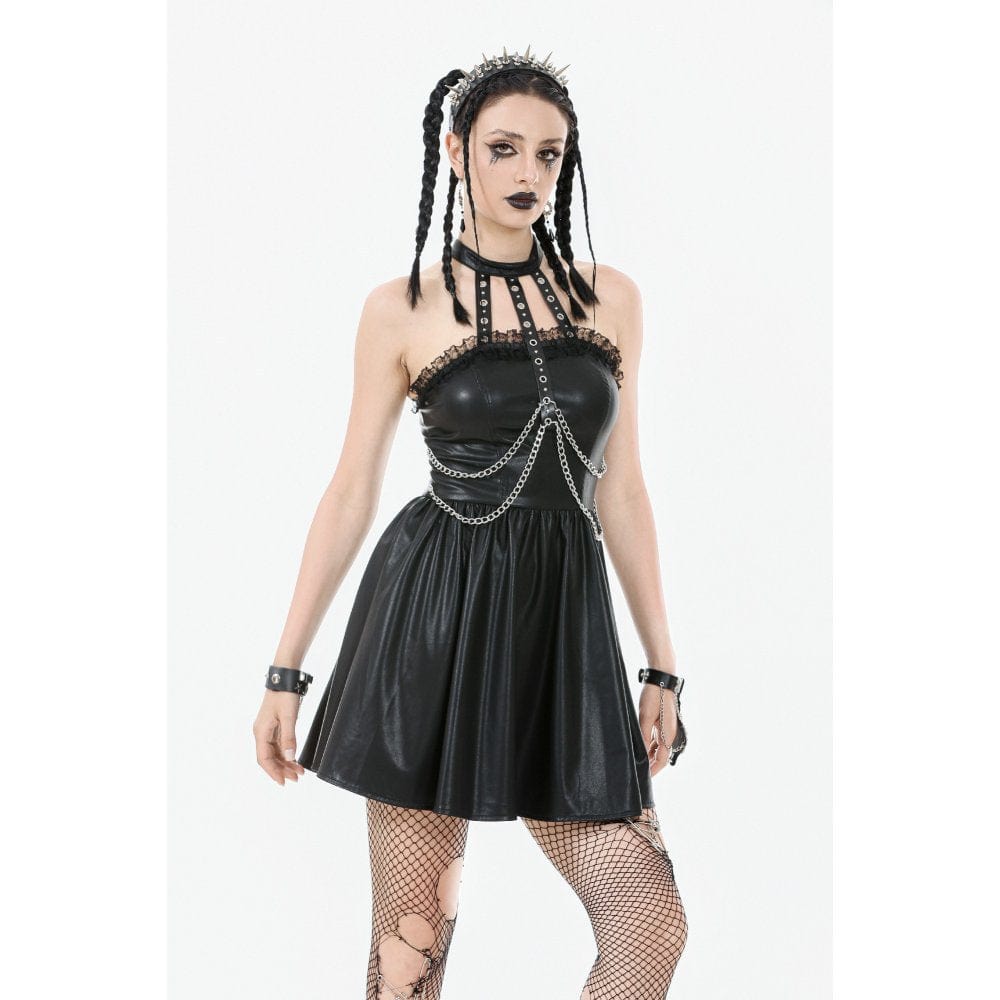 Darkinlove Women's Punk Metal Chain Faux Leather Halterneck Dress