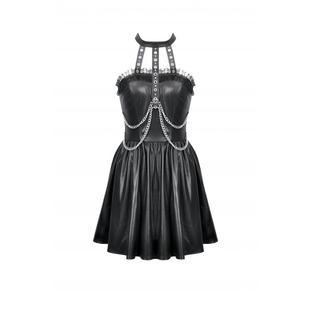 Darkinlove Women's Punk Metal Chain Faux Leather Halterneck Dress