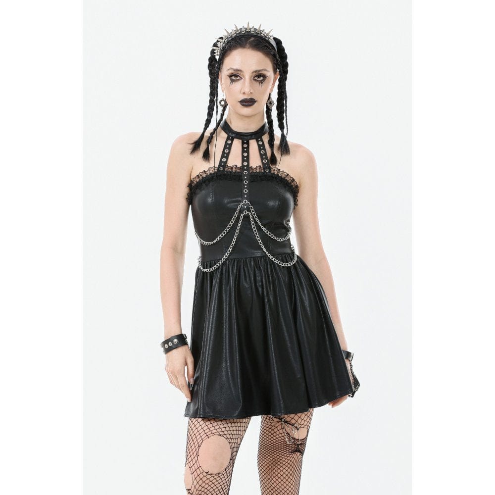 Darkinlove Women's Punk Metal Chain Faux Leather Halterneck Dress
